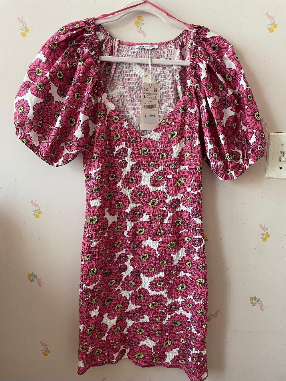 Zara Pink Floral Smocked Mini Dress with Puff Sleeves
